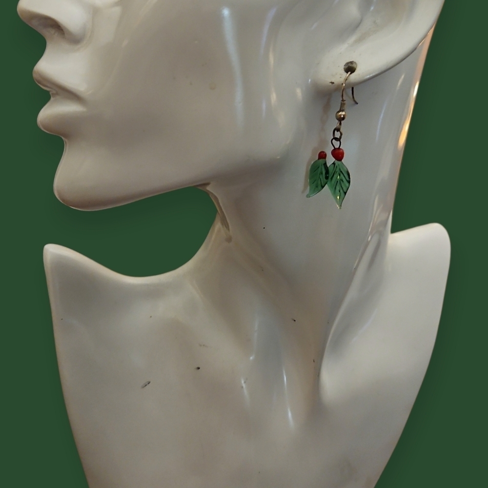 Vintage Dainty Handblown Glass Holly Leaves Dangle Hook Earrings